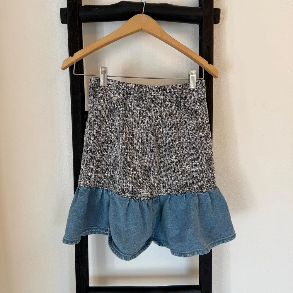 ZARA Tweed Denim Ruffle Skirt Women's XS Black White Blue - Picture 1 of 6